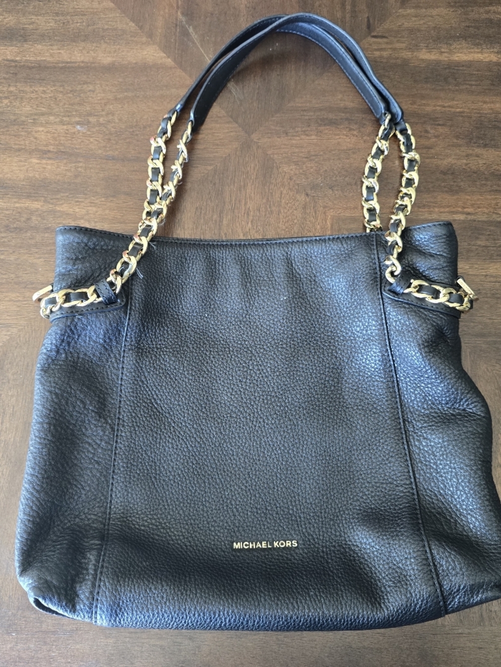 Michael Kors Black Pebbled Leather Shoulder Tote with Gold Chain Straps